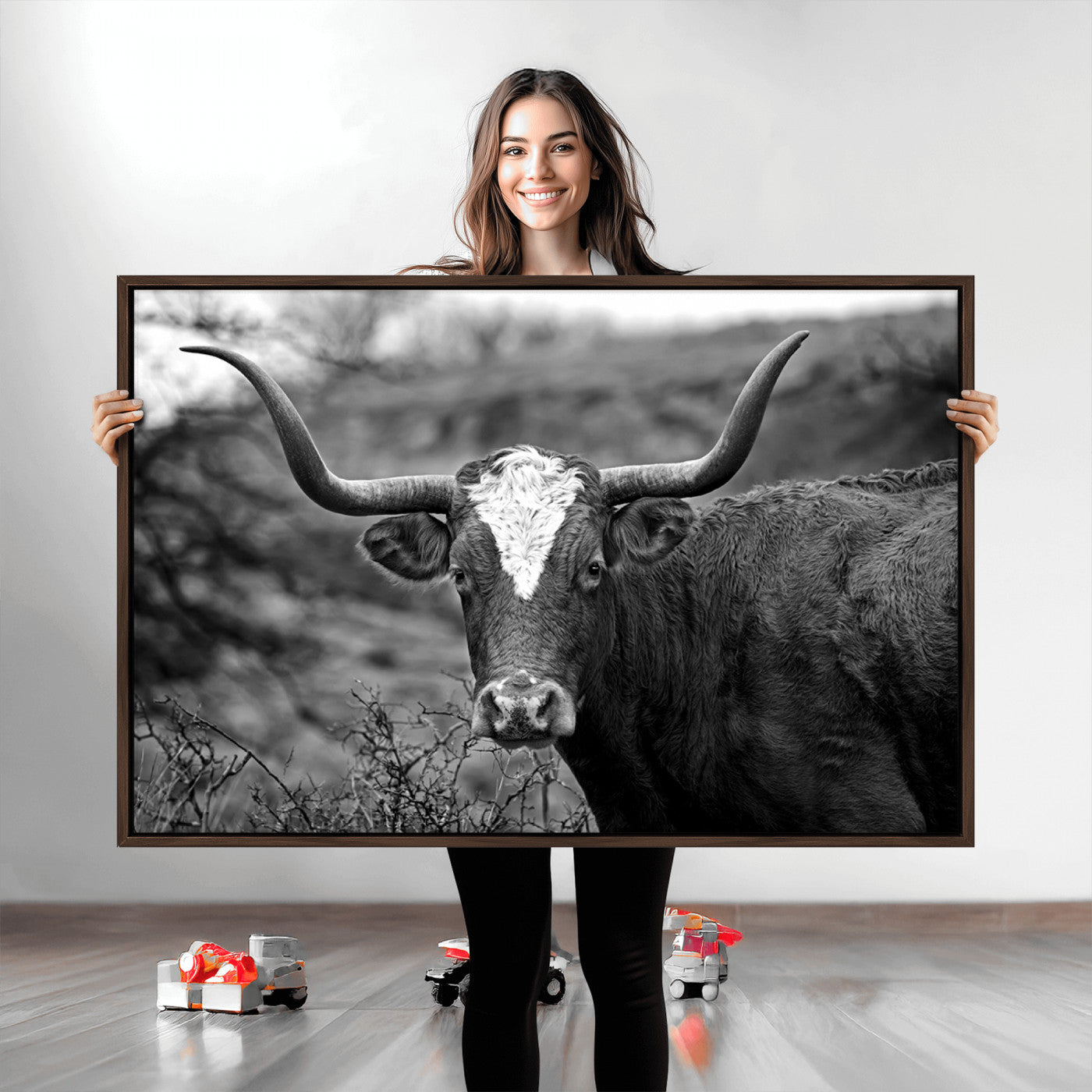 76200-MGV-CV-36X24-Western Home Wall Art Canvas Print, Framed Texas Longhorn Art Picture Print, Rustic Cow Perfect Rustic Farmhouse Decor Artwork