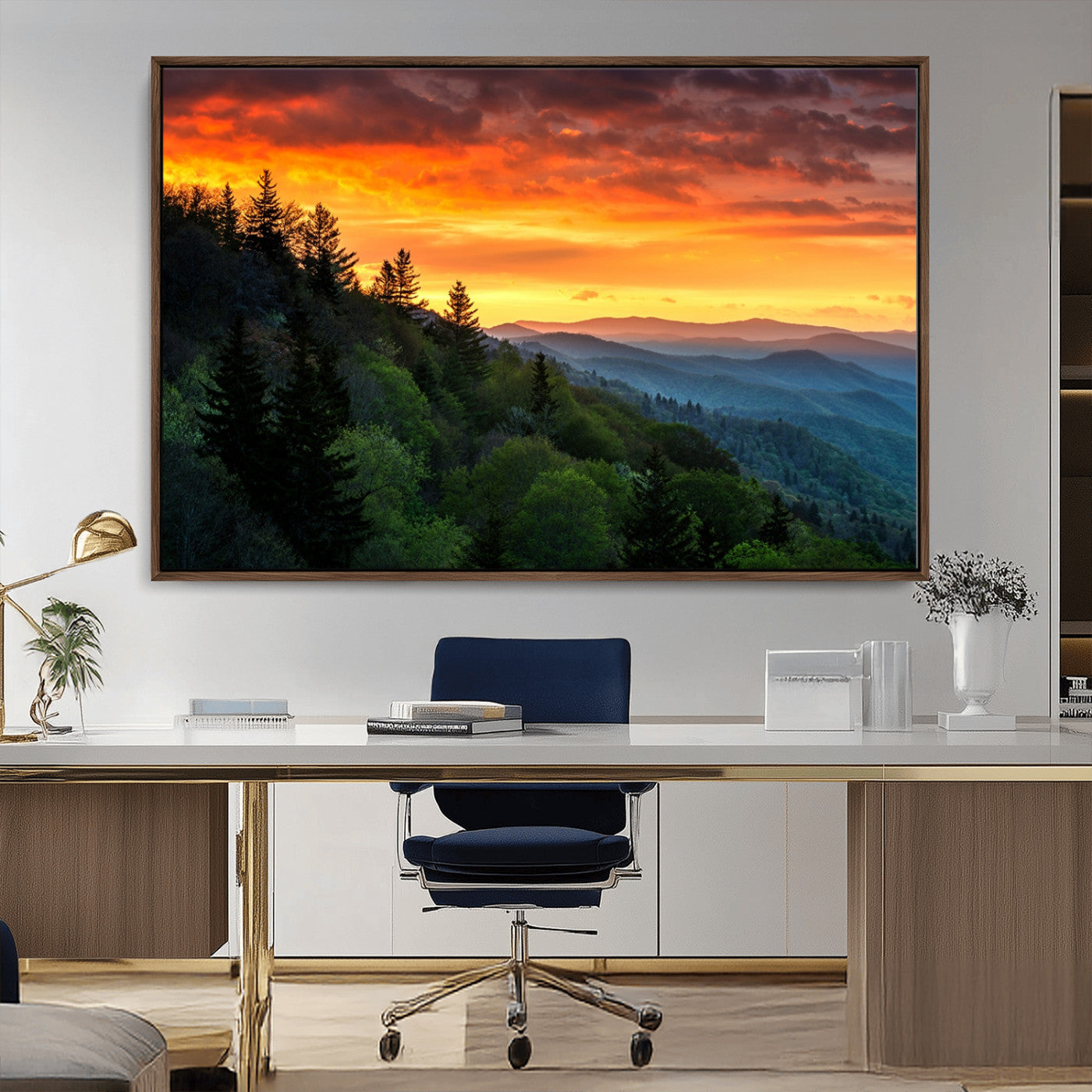 MGV-FC-36X24 - Great Smoky Mountains Sunset Wall Art Canvas Print | 3 Panel Large Nature Landscape Photography for