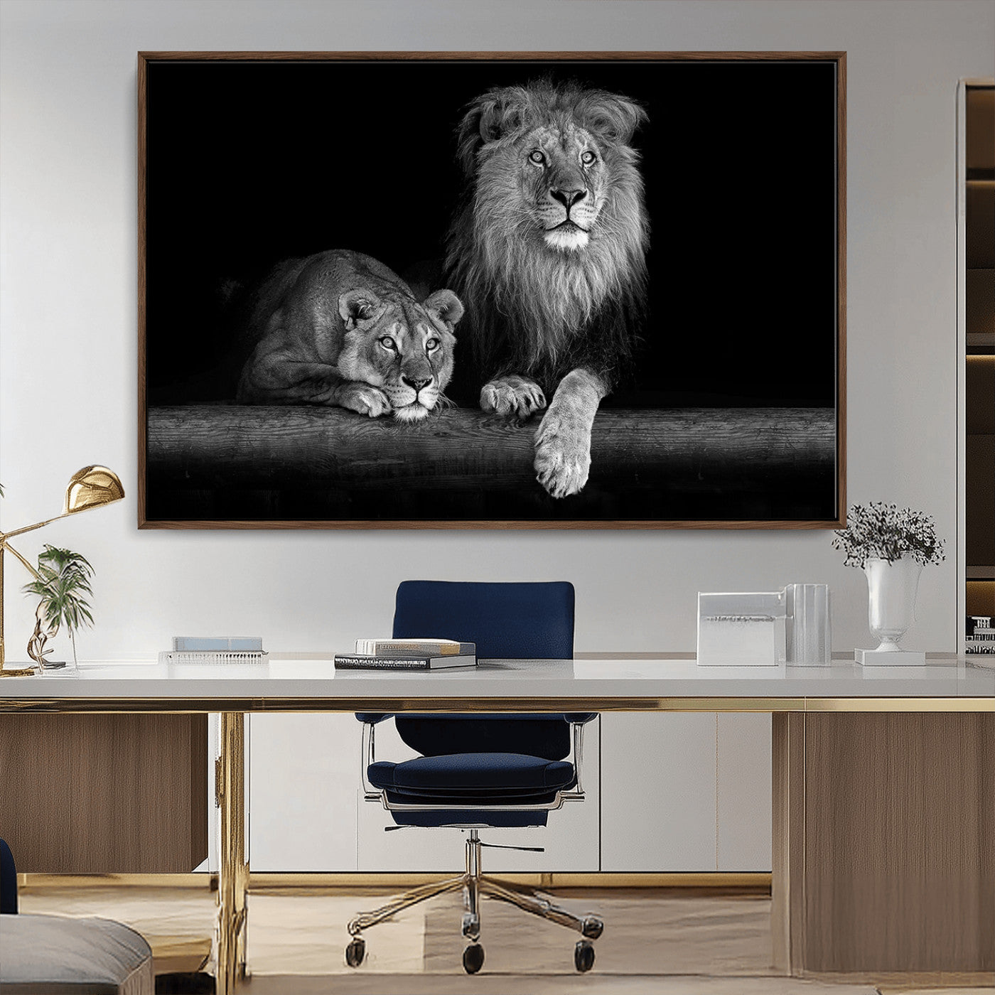 MGV-FC-36X24 - Large Black and White Lion Couple Wall Art Canvas Print