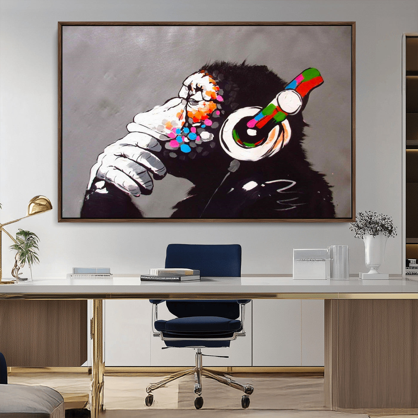 MGV-FC-36X24 - Dj Monkey Listening to Music Wall Art Print | Banksy Monkey Large Canvas Print for Living Room,