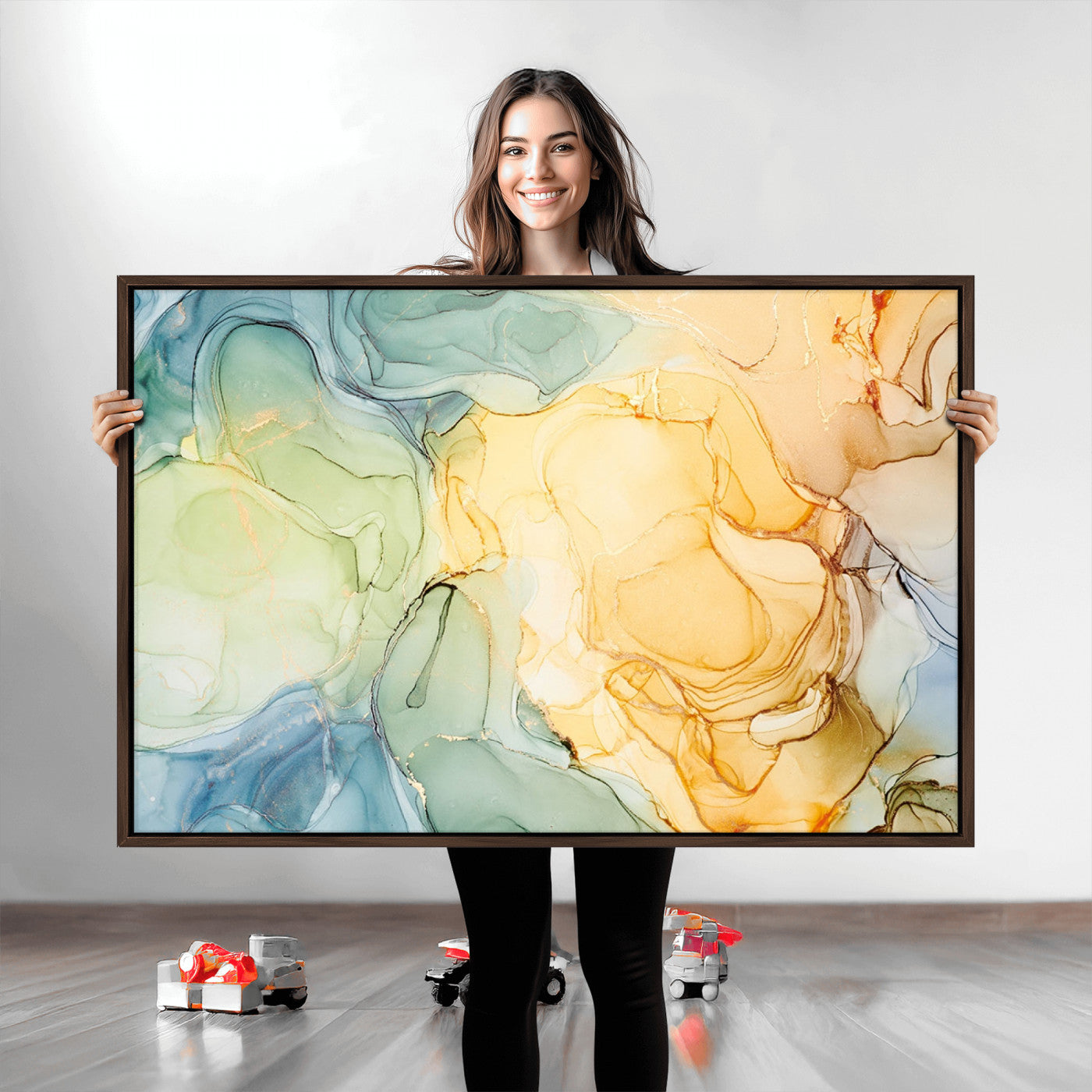 42195-MGV-CV-36X24-Green and Yellow Marble Fluid Effect Wall Art, Green and Yellow Marble Canvas Wall Art Print