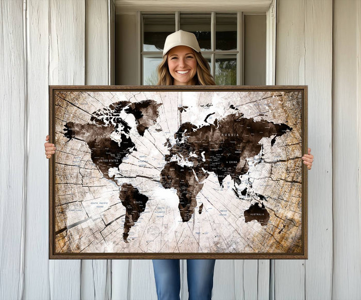 A Vintage World Map on Wood Style Canvas hangs prominently.