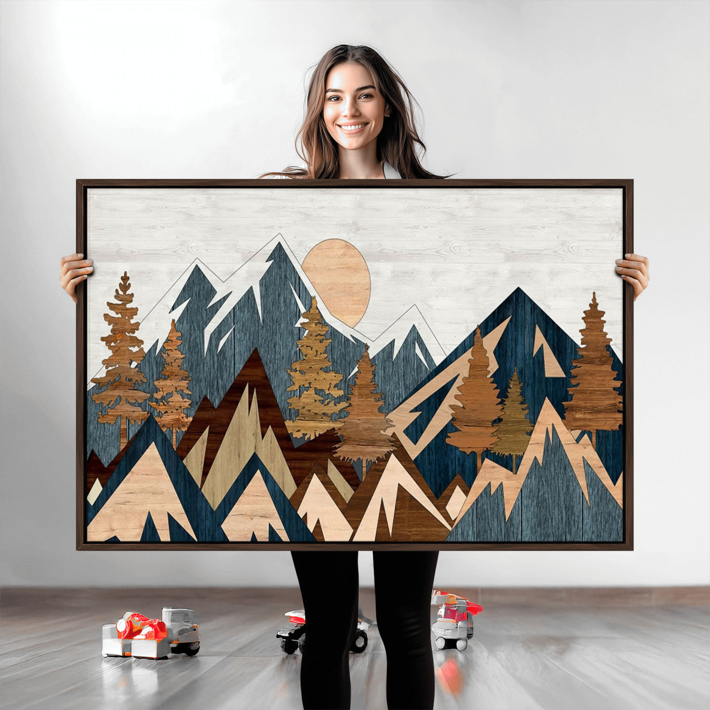 91467-MGV-CV-36X24-Abstract Wood Panel Effect Mountain Range Top Wall Art Canvas Print