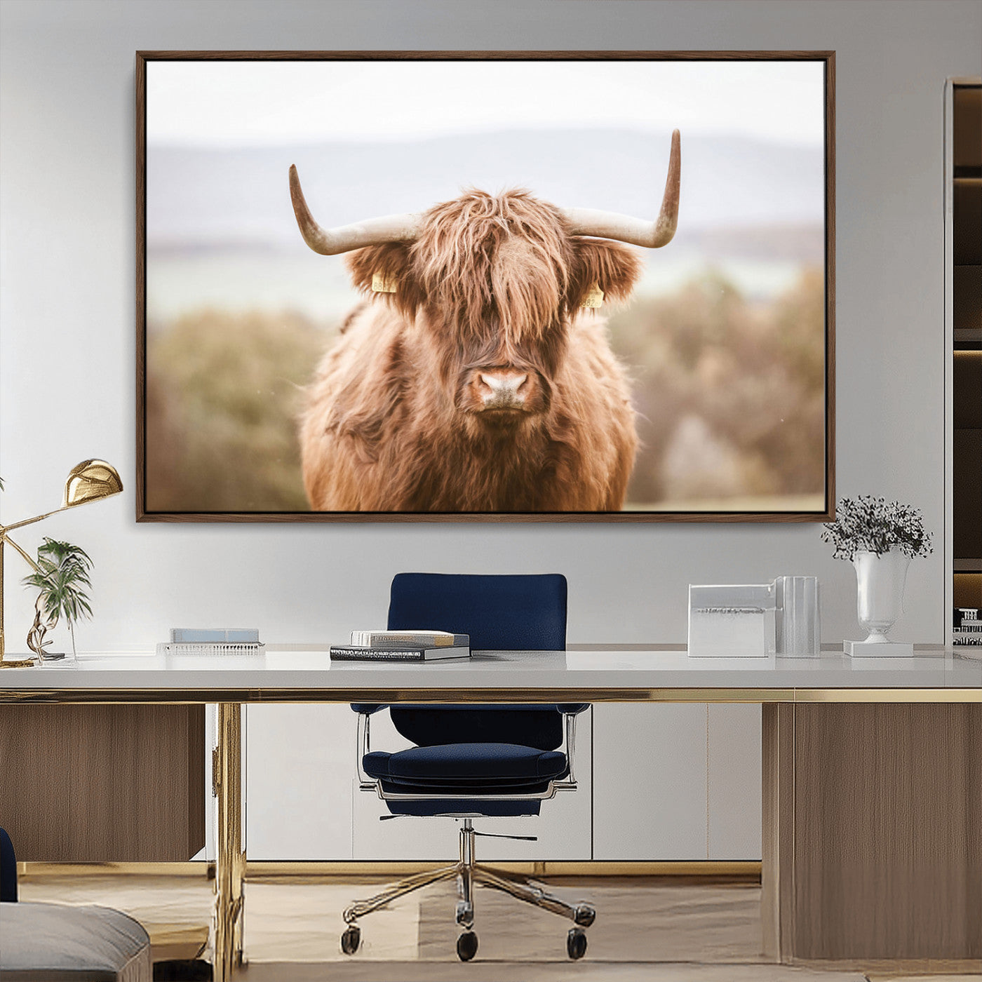MGV-FC-36X24 - Scottish Serene Highland Cow Canvas Wall Art – Serene Highland Cow in Natural Pastel Tones – Ready