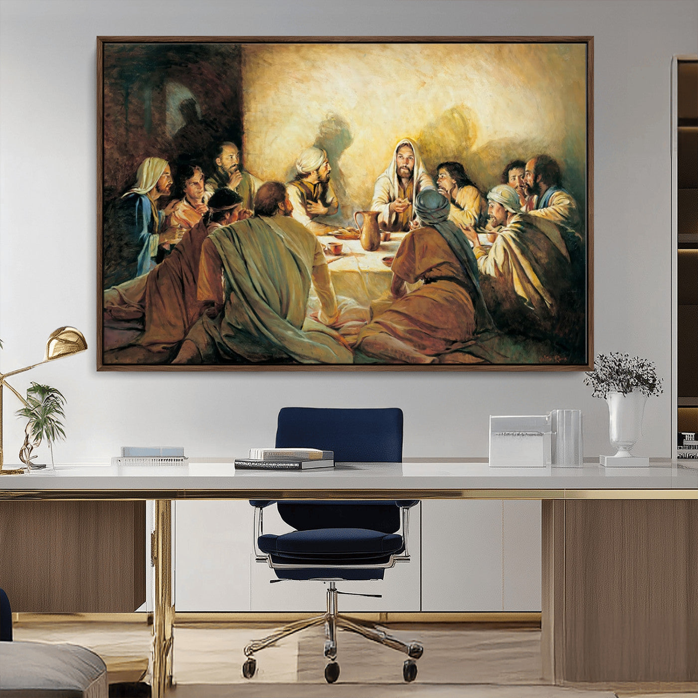 Framed canvas print of the Last Supper, depicting Jesus and his disciples, perfect for religious or Christian-themed home decor.