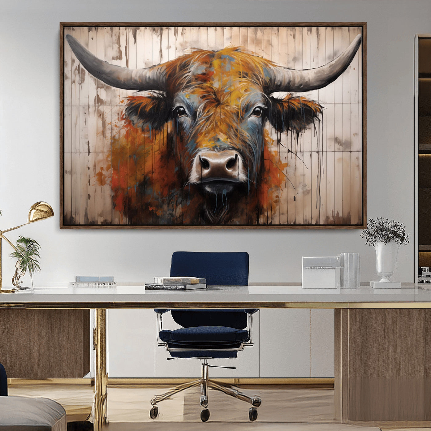 MGV-FC-36X24 - Abstract Bull Highland Cow Canvas Wall Art Print – Vibrant Rustic Charm in Modern Farmhouse Decor –