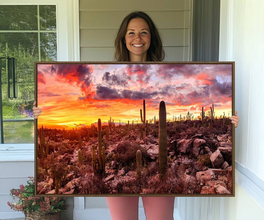 A vibrant desert sunset with cacti, perfect Western Cowboy Wall Art Print.