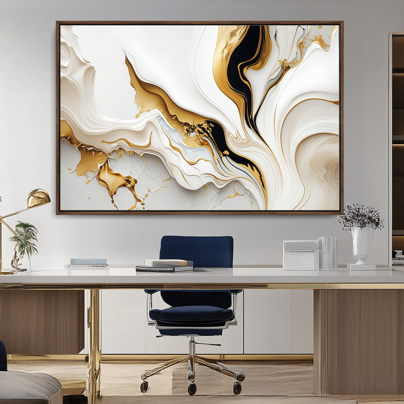 -Gold Waves on Pure White Canvas – Gold Abstract Art for Modern Interiors | Wall Art Canvas, Framed &