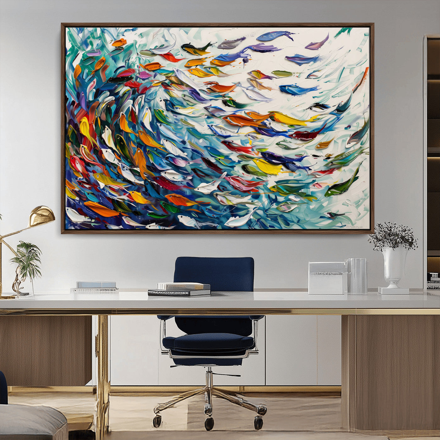 MGV-FC-36X24 - Modern Abstract Fish Shoal Wall Art Canvas Print, Colorful Fish Herd Painting on Canvas Print, Ocean