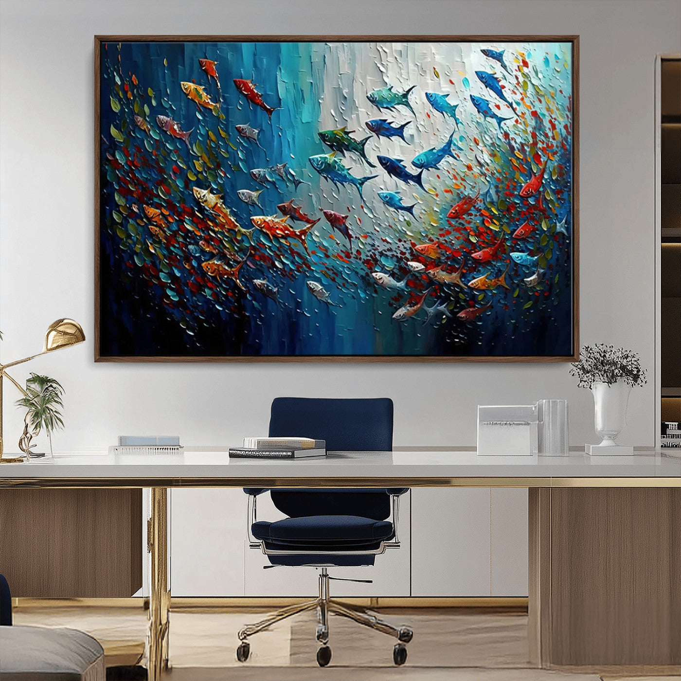 MGV-FC-36X24 - Modern Abstract Fish Shoal Wall Art Canvas Print, Colorful Fish Herd Painting on Canvas Print, Ocean