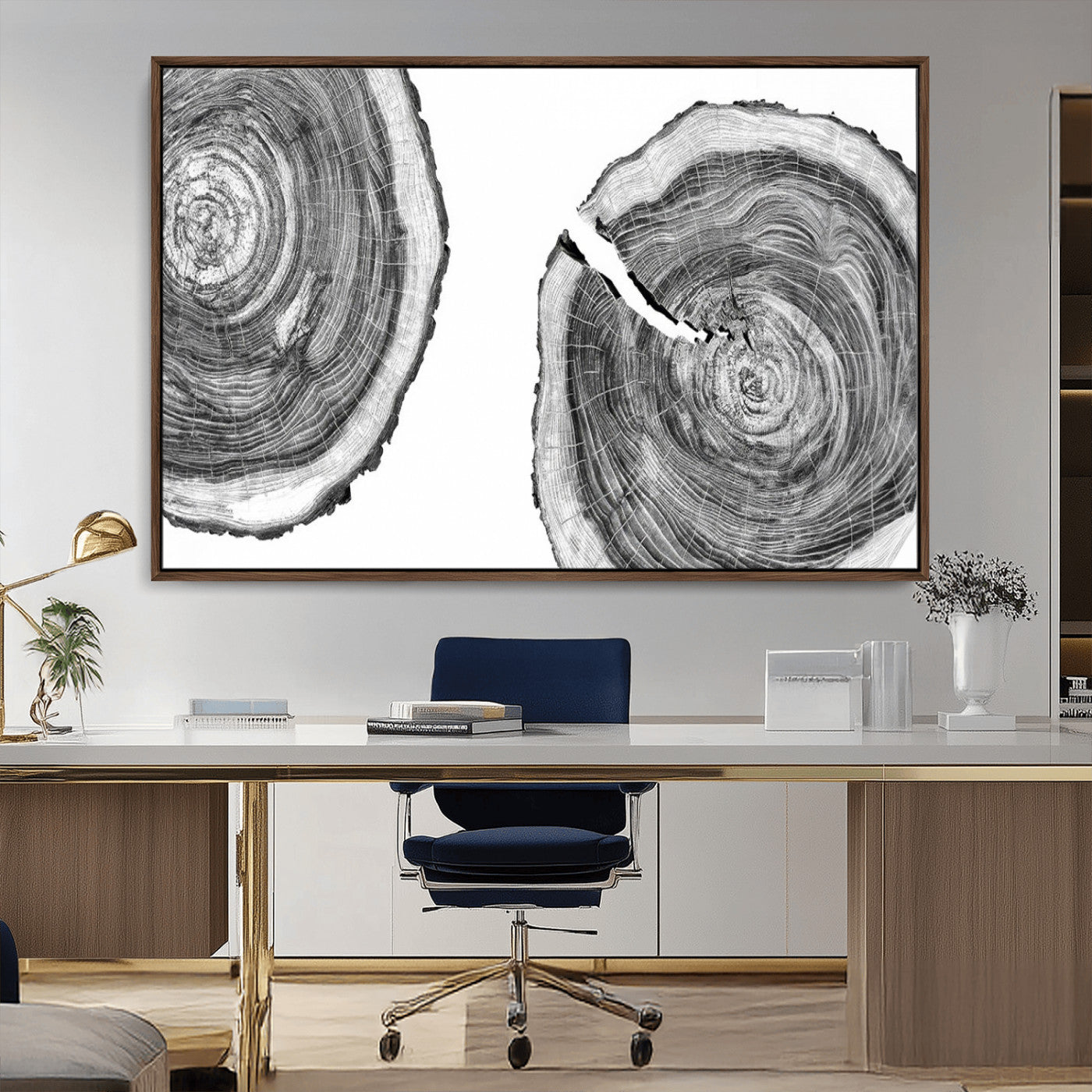 MGV-FC-36X24 - Modern Black and White Tree Rings Canvas Wall Art – Nature Inspired Wood Slice Print – Minimalist