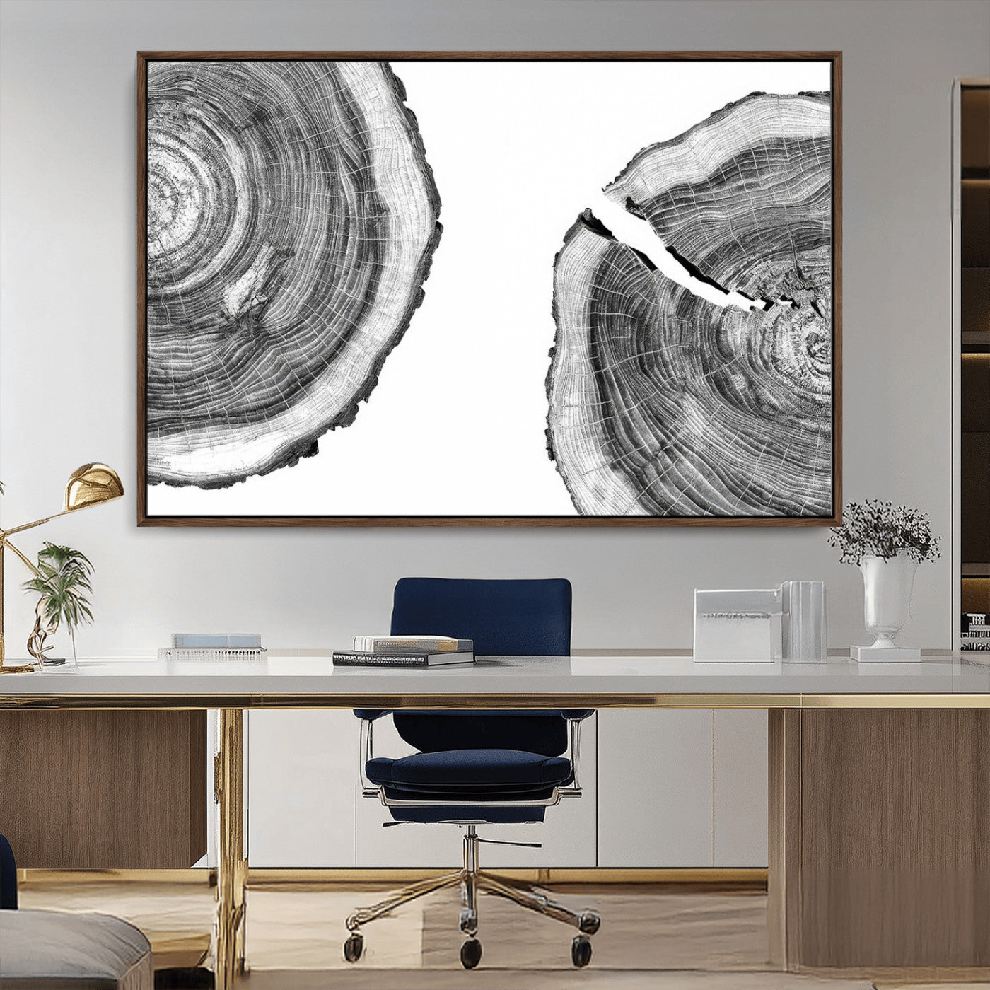 MGV-FC-36X24 - Abstract Large Tree Rings – Minimalist Black and White Wood Art | Triptych Canvas, Modern Wall Decor