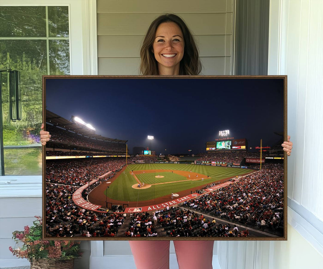 Aerial view of an LA Angels game at night, captured as stunning wall art on premium canvas, handmade in the USA.