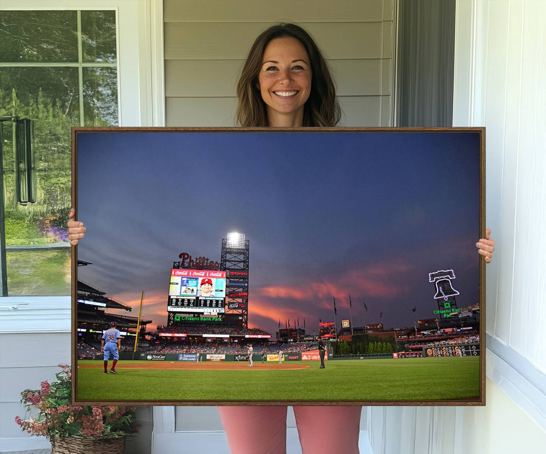 Philadelphia Phillies at sunset: Citizens Bank Park captured in a charming canvas wall art print.