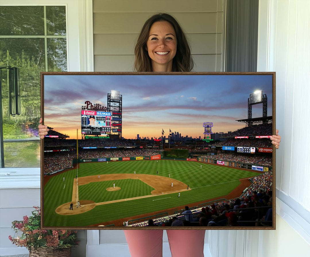 A sunset game at Citizens Bank Park depicted on a 3-panel Phillies canvas.