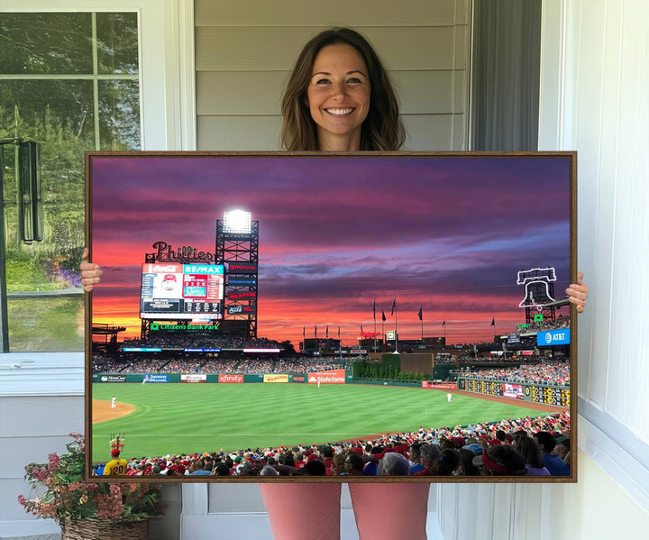 The Philadelphia Phillies canvas print showcases Citizens Bank Park at sunset with a crowd and scoreboard.