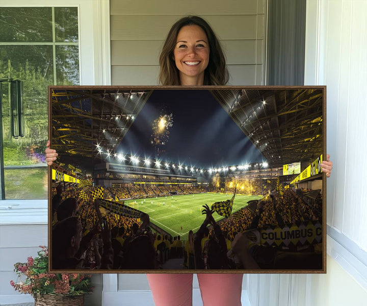 The wall art canvas print captures a packed soccer stadium scene with fans and fireworks.