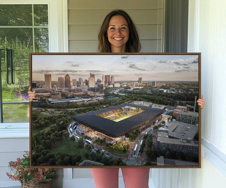 The Columbus Crew Soccer Stadium canvas art adds a vibrant touch to the room.