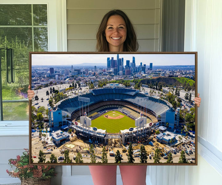 Aerial view of Dodger Stadium city skyline on a premium Los Angeles Dodgers MLB canvas print.