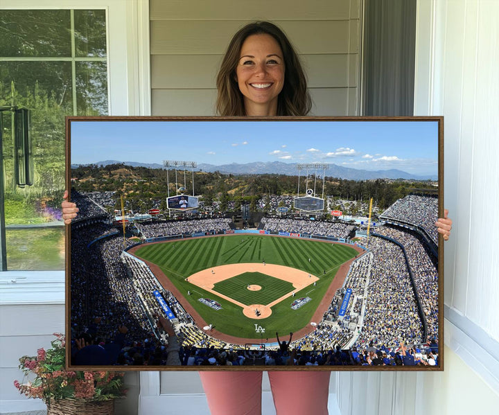 Aerial view of Dodger Stadium captured in gallery-quality on a Dodgers wall art canvas.