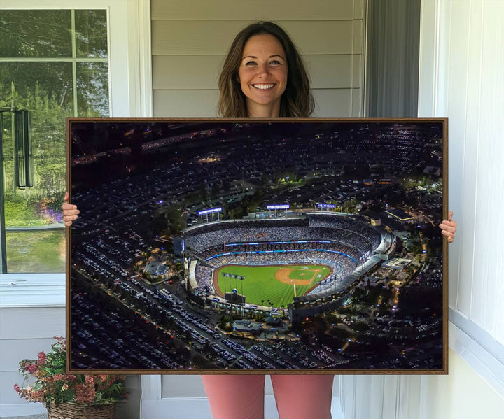 Aerial view of a lit stadium at night, featuring the Los Angeles Dodgers Dodger Stadium Wall Art.