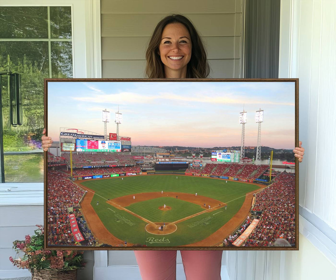 Cincinnati Reds game at sunset: Stadium wall art canvas.