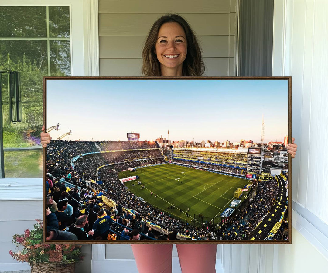 The wall art canvas print vividly captures the dynamic soccer culture at Bombonera Stadium with its vibrant depiction.