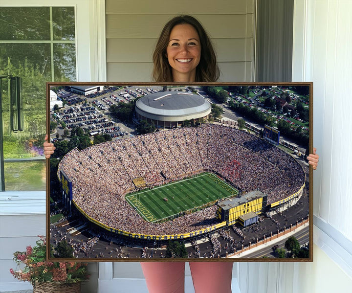 Aerial view of Michigan Wolverines college football culture on a stadium canvas wall art.