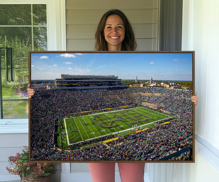 Aerial shot of packed stadium on green; Notre Dame Fighting Irish Stadium Wall Art Canvas Print.