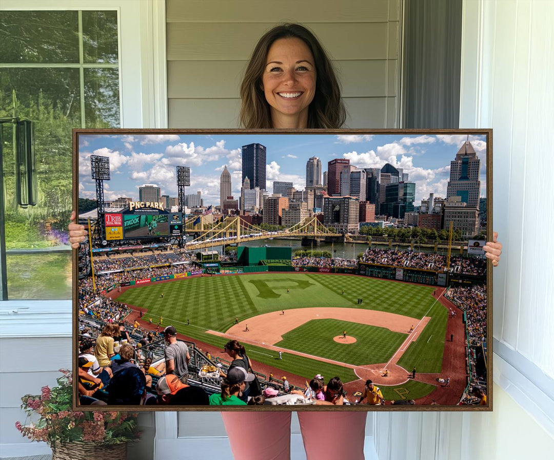 PNC Park Stadium canvas print features a lush field and city skyline, ready to hang.