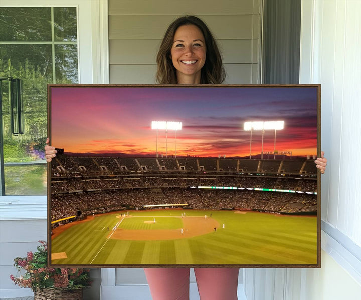 The Oakland Coliseum print is a museum-quality canvas depicting a full crowd and a sunset.