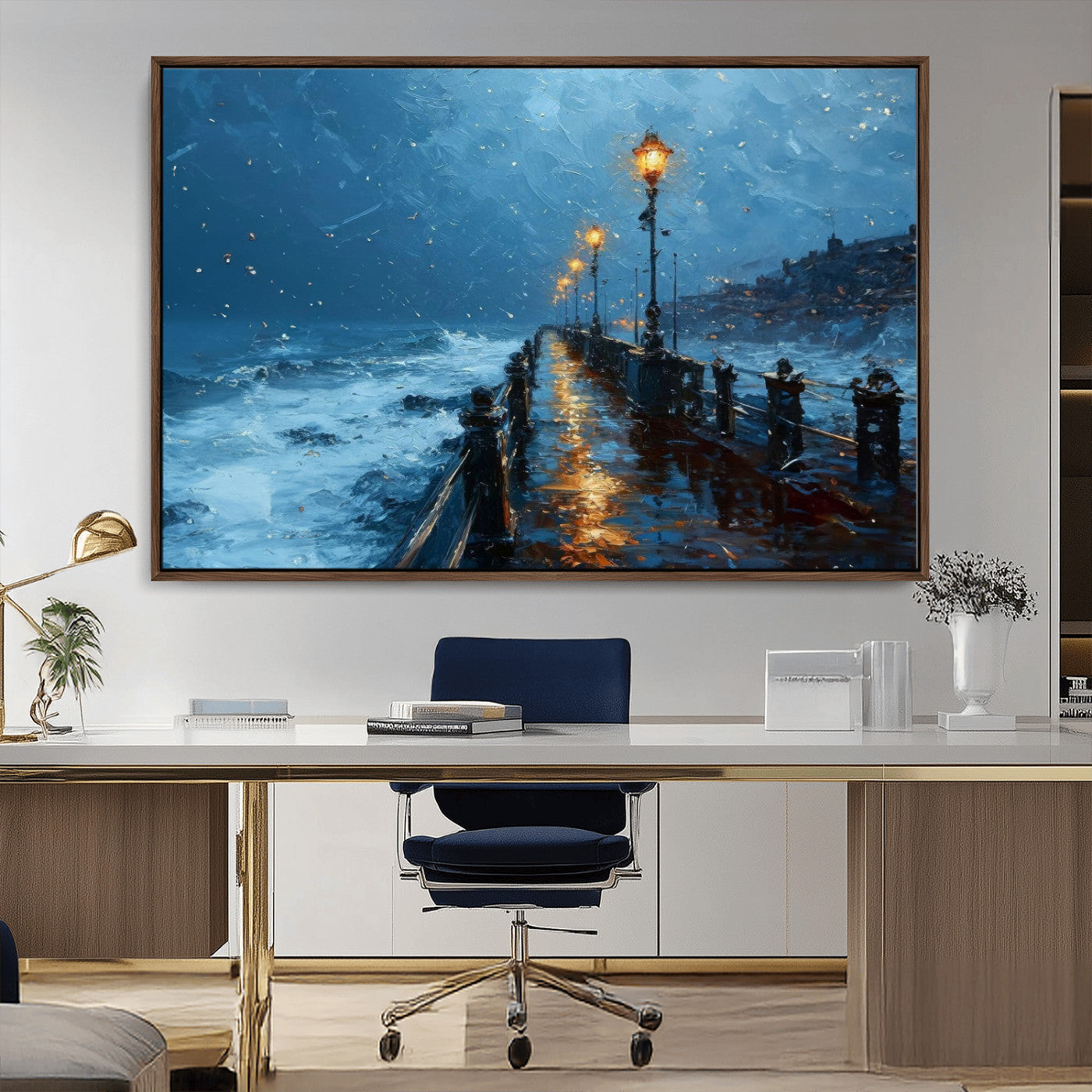 MGV-FC-36X24 - Stormy Night at Beach Pier Oil Painting Large Wall Art Print, Framed Canvas Nature Wall Decor,