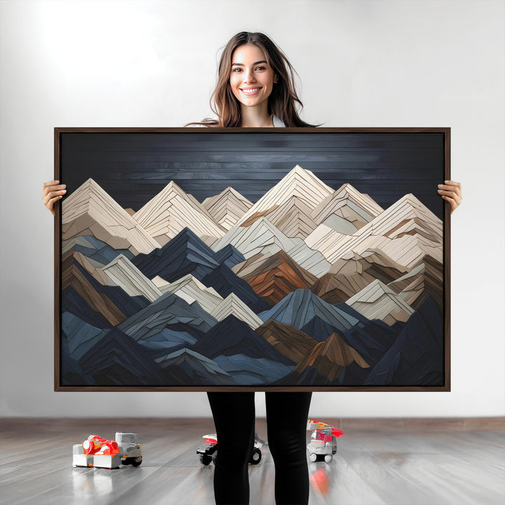 Rustic Mountain Landscape Wall Art Print - Wooden 3D Effect Mountain Canvas Print - Textured Peaks Wall Art for Cabin or Lodge Decor