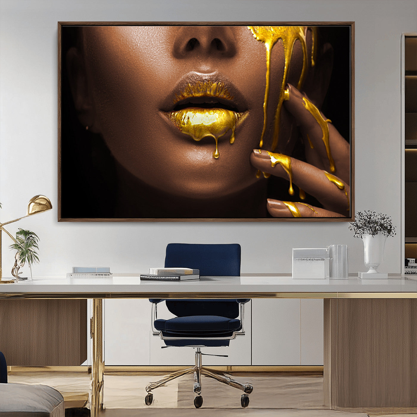 MGV-FC-36X24 - African American Art Black Woman Canvas Print, African Wall Art, Fashion African Woman Gold Lips