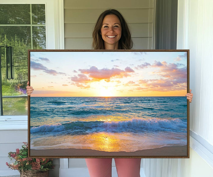 The Golden Sunset Over Ocean Waves painting depicts a vibrant sky.