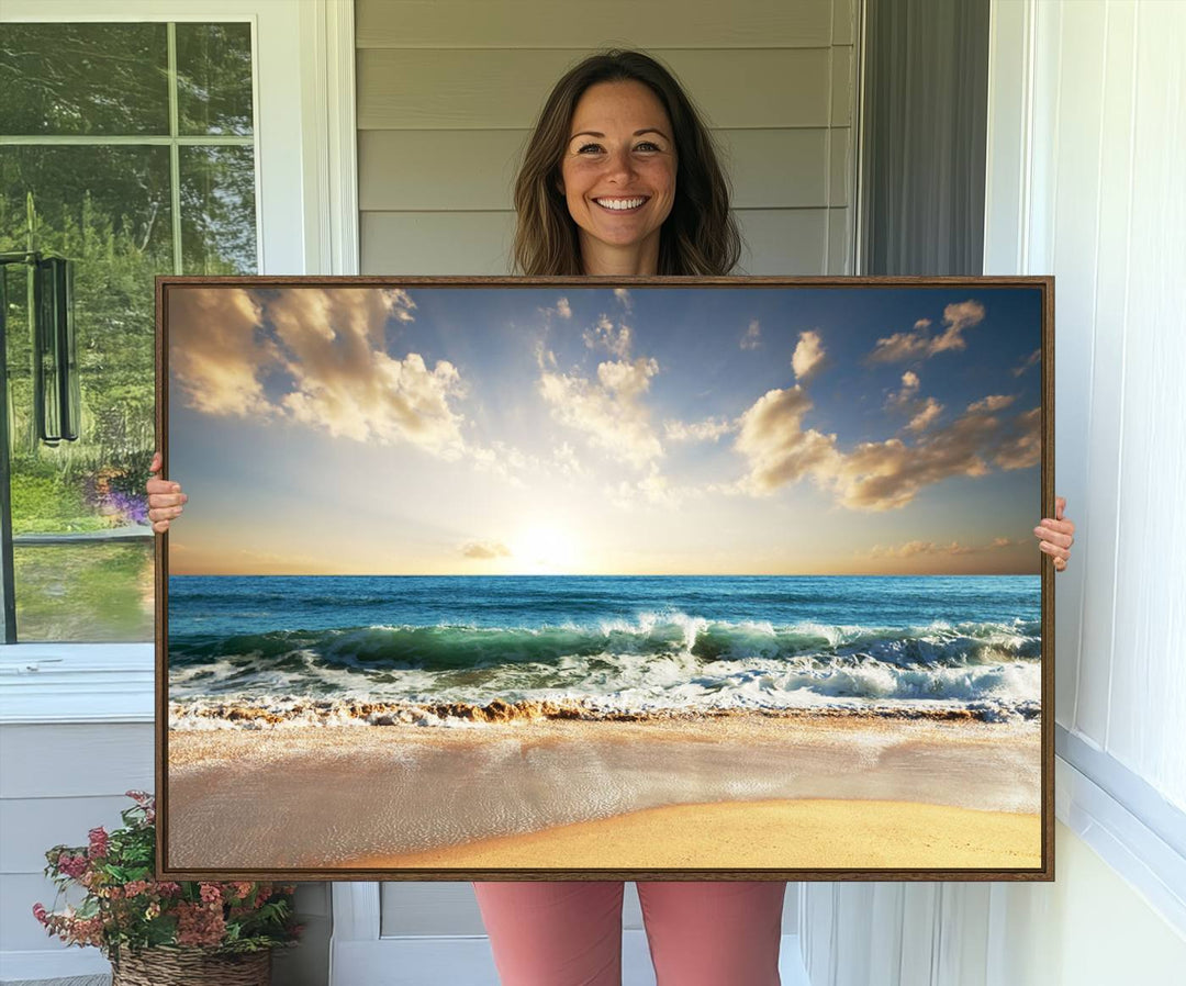 A Golden Sunset Beach triptych adorns the wall.