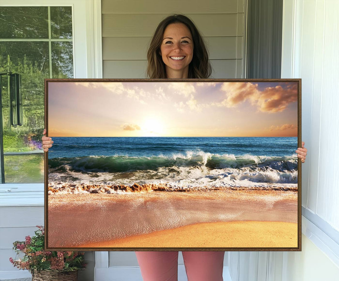 A Sunset Beach Wall Art hangs on the wall.