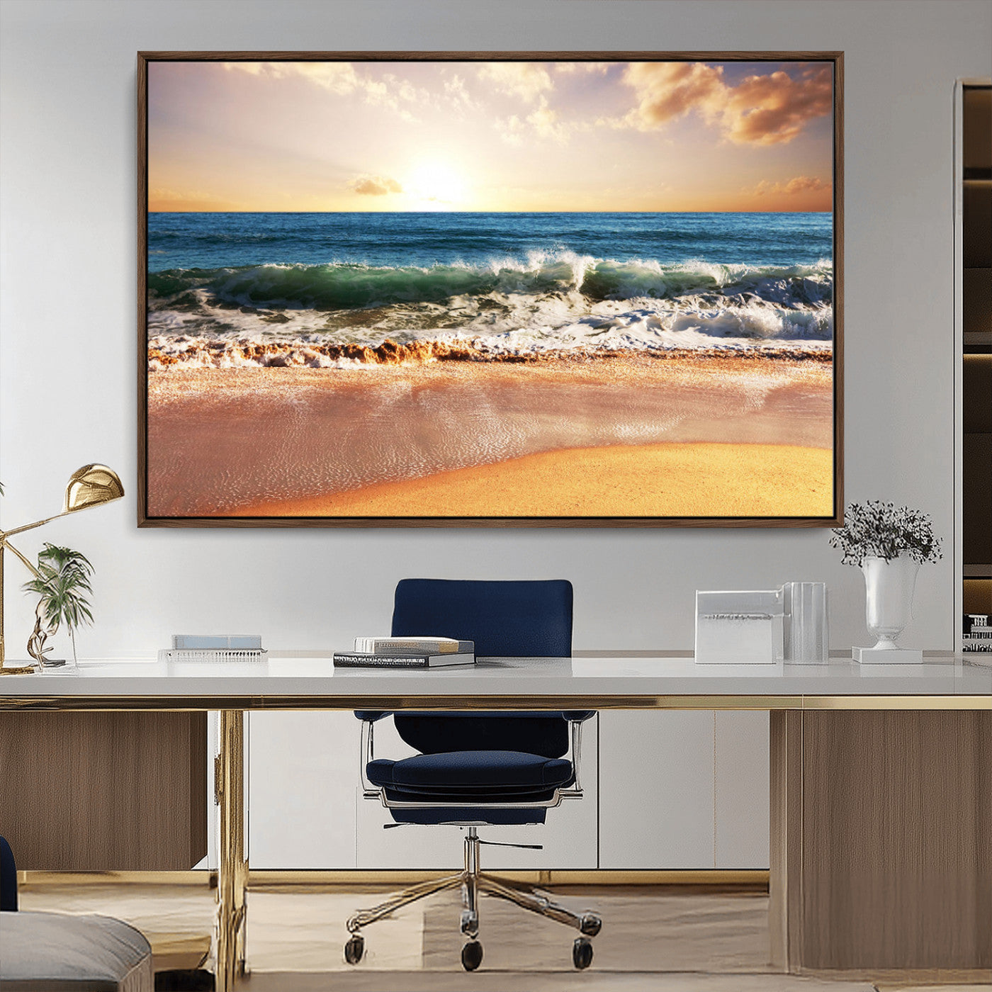 MGV-FC-36X24 - Sunset Beach Wall Art - 3-Panel Framed Canvas Print, Ready to Hang Ocean Sunset for Coastal and
