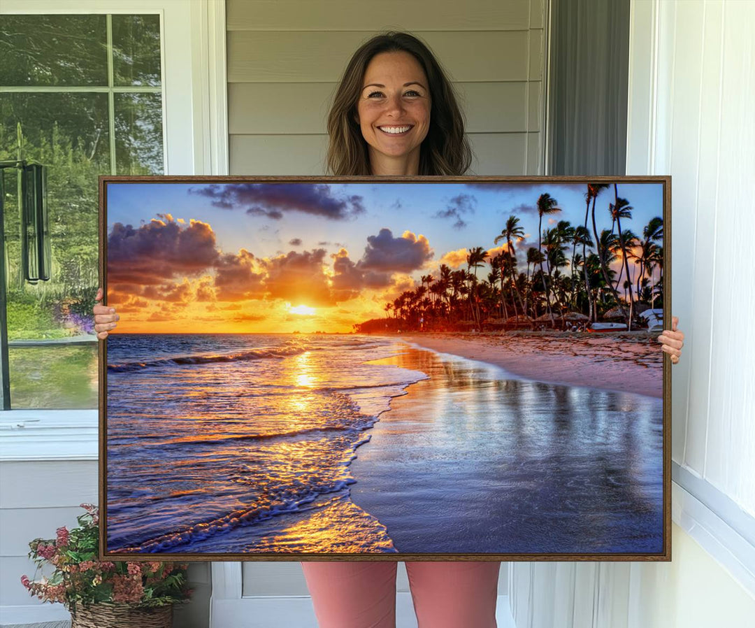 Serene Beach Sunset Wall Art Canvas featuring ocean waves hangs prominently.