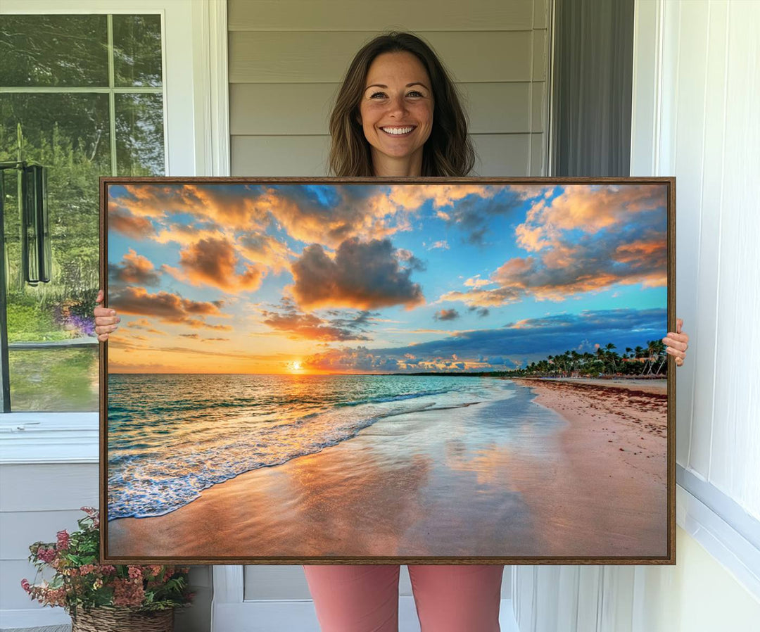 The Serene Beach Sunset Wall Art captures waves gently on the sandy shore.