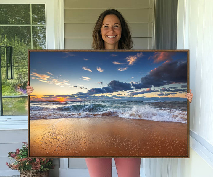 A Beach Canvas Wall Art depicting ocean waves and a tranquil sunset hangs above, capturing the serene beauty of coastal scenery.