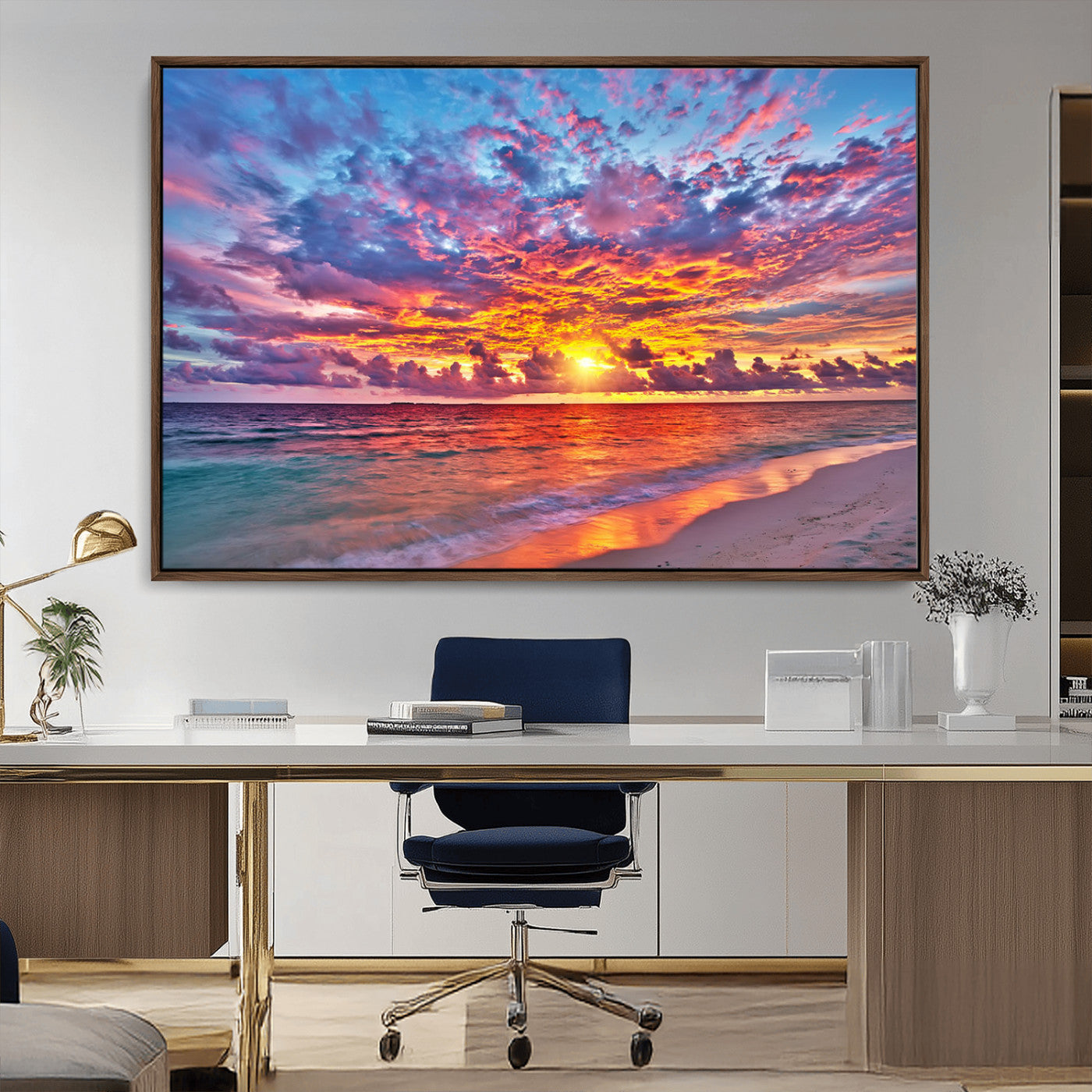 MGV-FC-36X24 - Vibrant Sunset Beach Wall Art - Ocean Sunset Canvas Print | Coastal Wall Art Decor Stunning Sunset