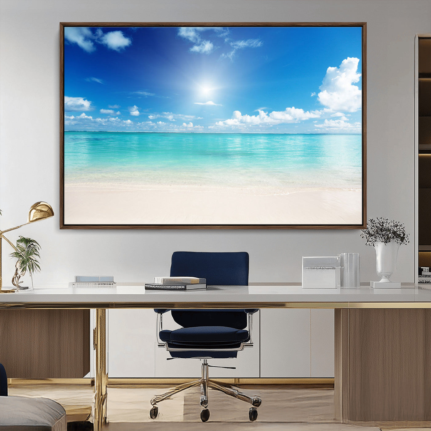MGV-FC-36X24 - Blue Ocean Wall Art Canvas Print - Tranquil Ocean Paradise Triptych Wall Art - Ready to Hang Beach