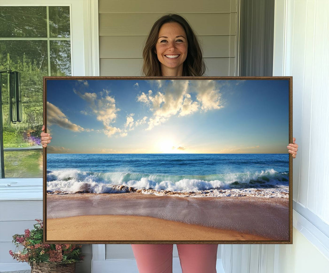 Serene Ocean Sunset Canvas Wall Art with beach waves at sunset.