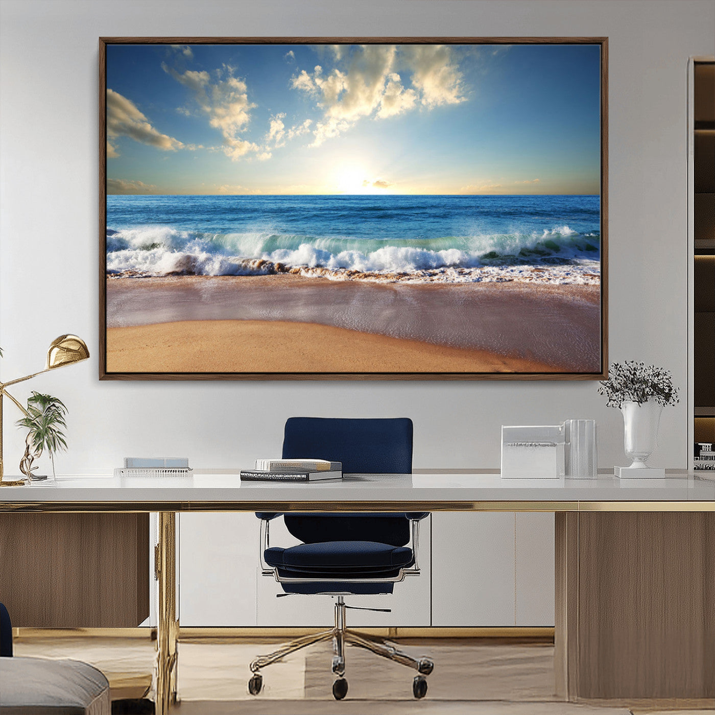 MGV-FC-36X24 - Serene Ocean Sunset Canvas Wall Art - Beach Waves at Sunset, Ready to Hang