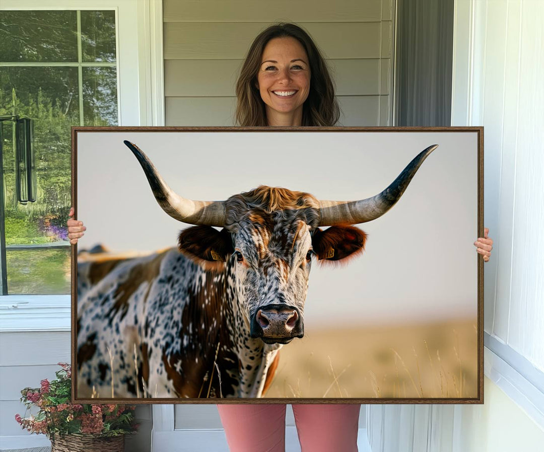 The Texas Bull Longhorn Wall Art Canvas Print is perfect for farmhouse decor.