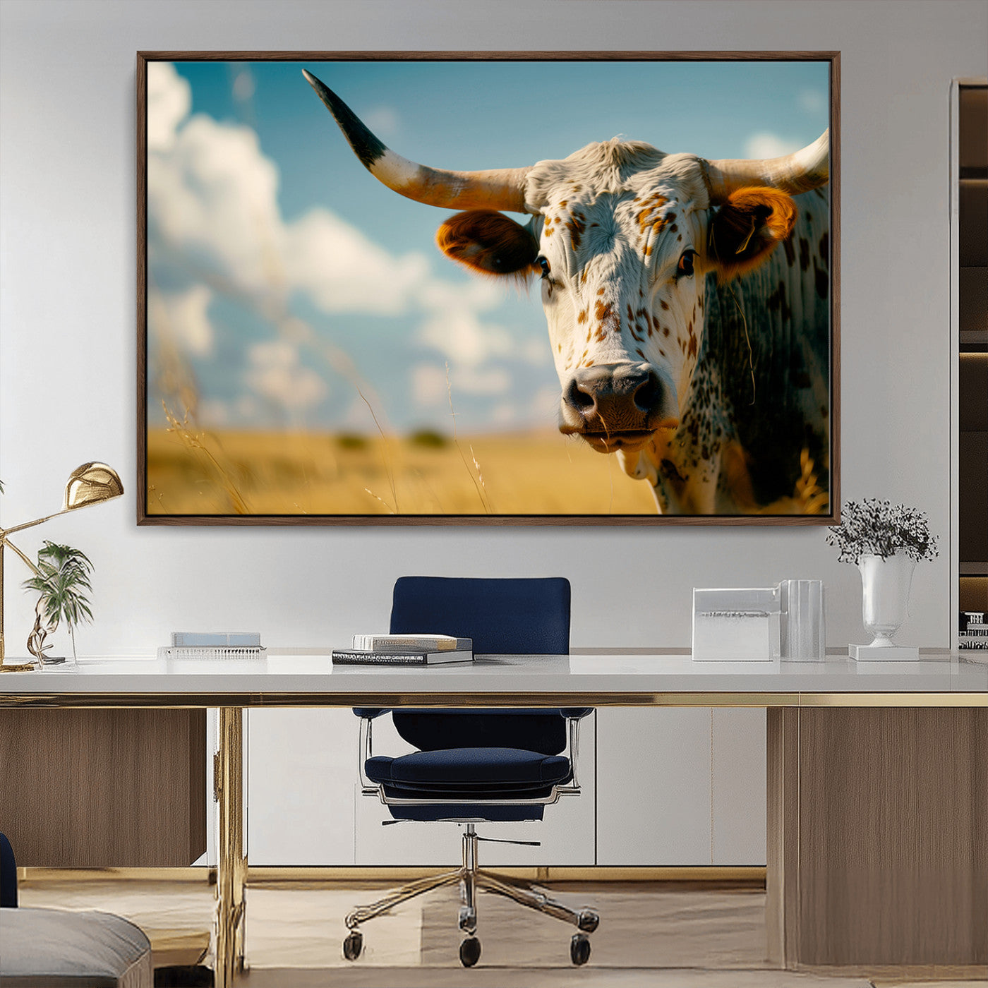 MGV-FC-36X24 - Longhorn in the Prairie - Stunning Ranch-Style Triptych Wall Art for Western Home Decor, Cowboy Wall