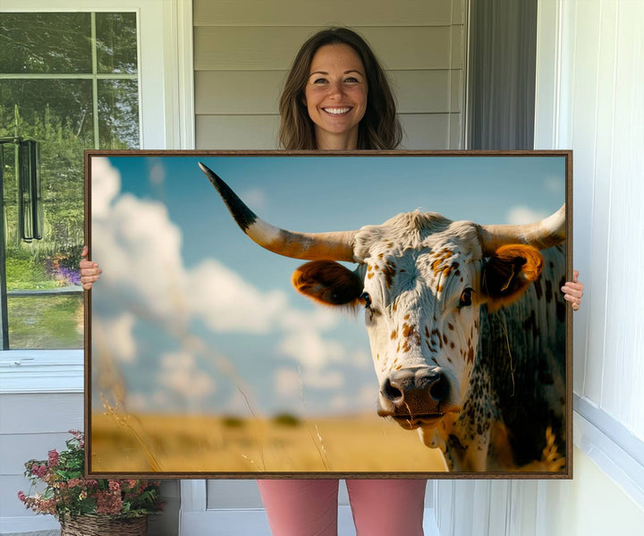 The Longhorn in the Prairie triptych cowboy wall art is ideal for western decor.