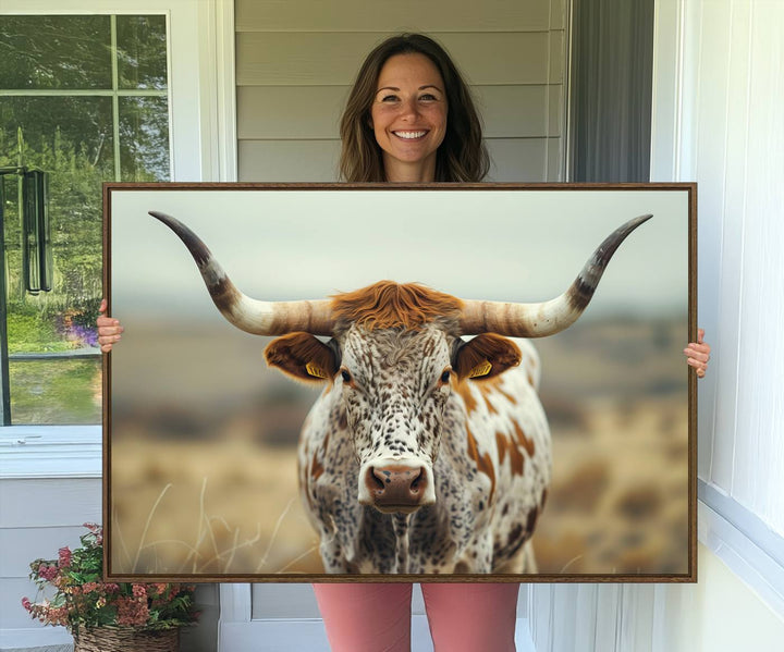 The Texas Cow Longhorn Canvas Print hangs, adding Western elegance.