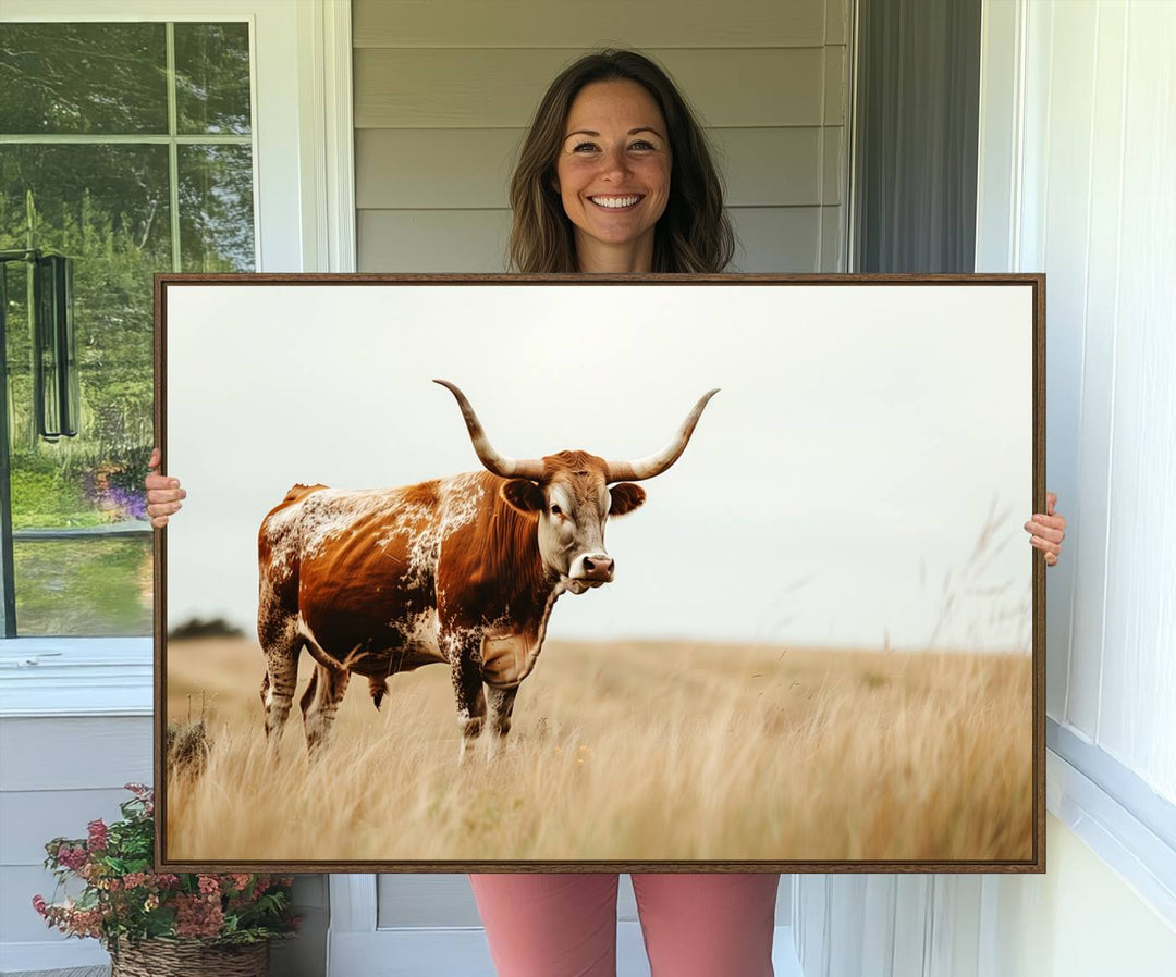 The Texas Longhorn canvas wall art print enhances a rustic farmhouse decor setting.